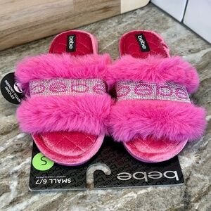 Bebe Hot Pink Fur w/Rhinestones Slide Slippers Indoor/Outdoor - NWT Size S 6/7